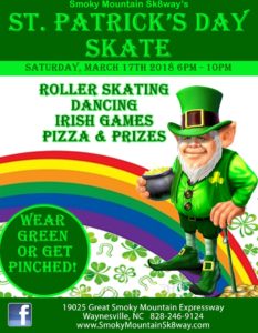 St Pattys Day Late Skate (all ages) @ Smoky Mountain Sk8way | Waynesville | North Carolina | United States