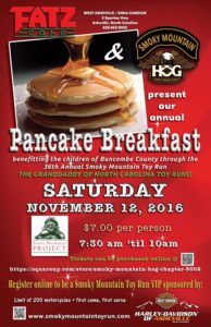 Pancake Breakfast, benefiting the children of Buncombe County through the 36th Annual Smoky Mountain Toy Run @ Fatz Cafe of West Asheville/Enka-Candler | Asheville | North Carolina | United States