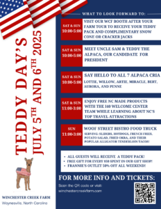 WAYNESVILLE: Teddy Days 4th of July Independence Day Celebration @ Winchester Creek Farm Alpacas + Minis
