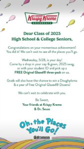 FREE DOUGHNUTS FOR CLASS OF 2025 HIGH SCHOOL & COLLEGE SENIORS @ Krispy Kreme