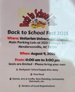 Back to School Fest @ Unitarian Universalist Church Hendersonville